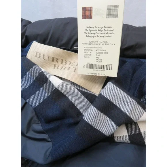 $1290 BURBERRY BENSEN BLACK HOODED CHECK LOGO DOWN PARKA PUFFER JACKET COAT XXL